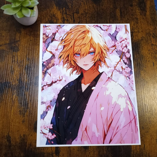 Sakura-Themed Art Print, Handsome Anime Guy Wall Art
