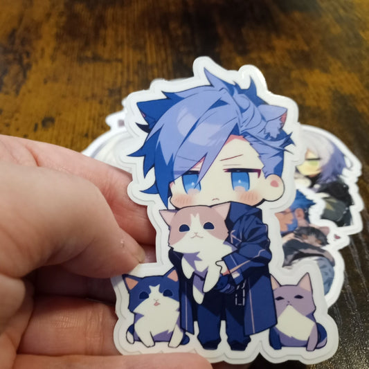 Cat Dad Sticker, Chibi Blue-Haired Cat Dad Stickers Sticky Enchantments