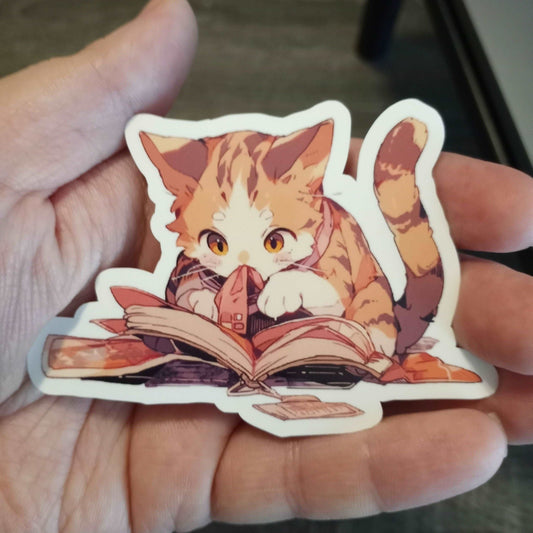 Cat Reading a Book Sticker, Cute Stickers Kawaii Aesthetic Stickers Sticky Enchantments