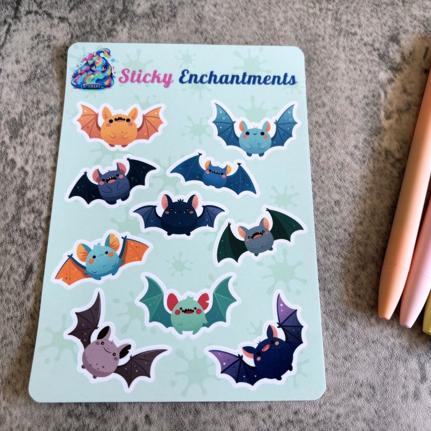 Cute Colorful Bats Vinyl Sticker Sheet