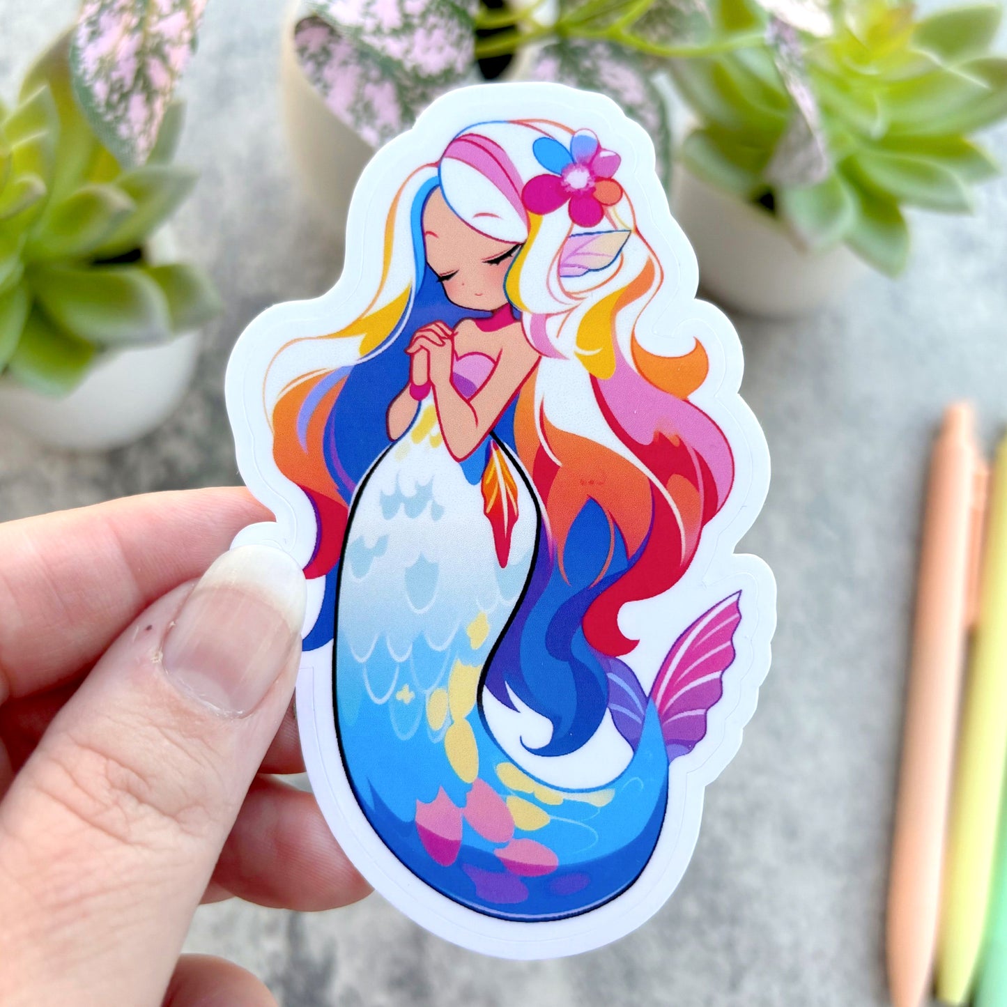 Tropical Mermaid Sticker, Blue and Pink