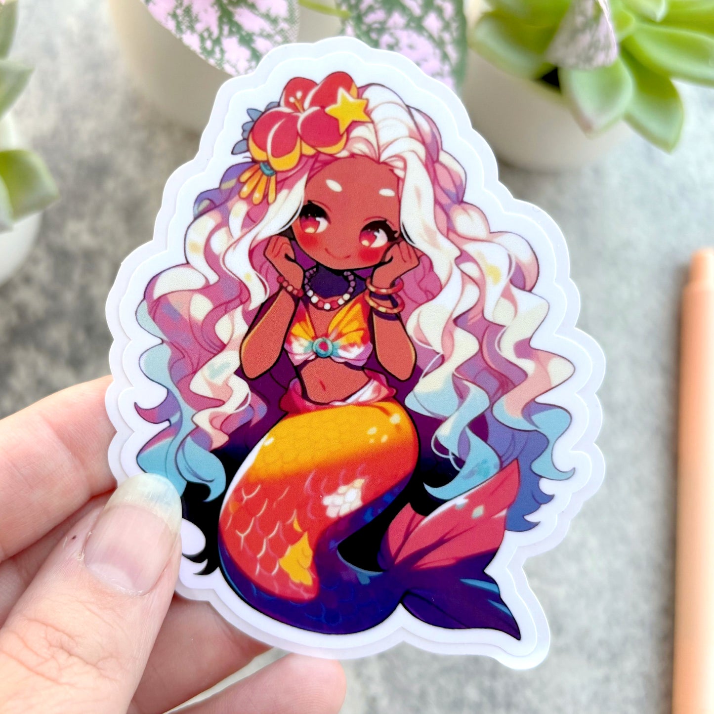 Tropical Mermaid Sticker, Yellow and Blue