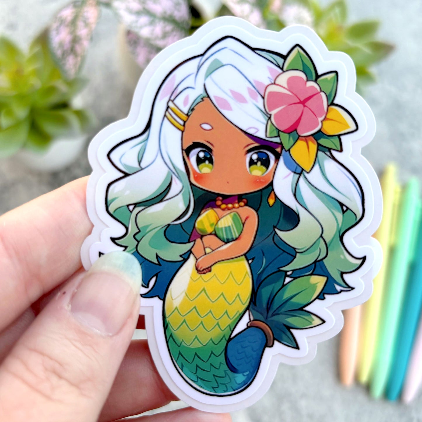 Tropical Mermaid Sticker, Green and Yellow