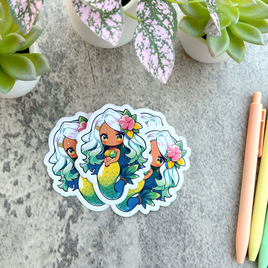 Tropical Mermaid Sticker, Green and Yellow