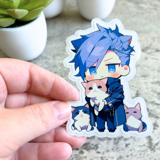 Cat Dad Sticker, Chibi Blue-Haired Cat Dad