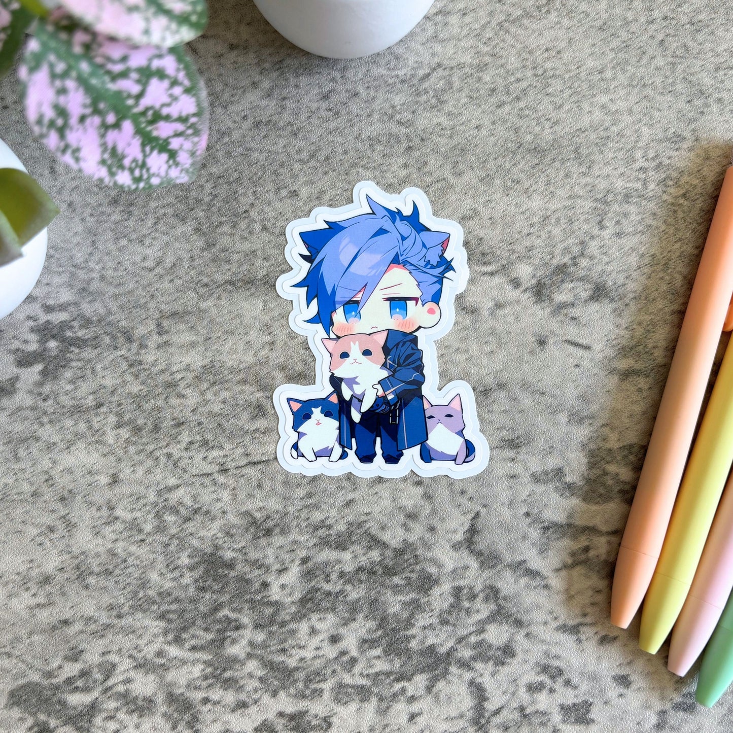 Cat Dad Sticker, Chibi Blue-Haired Cat Dad