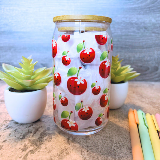 Cute Cherry Pattern Glass Iced Coffee Cup