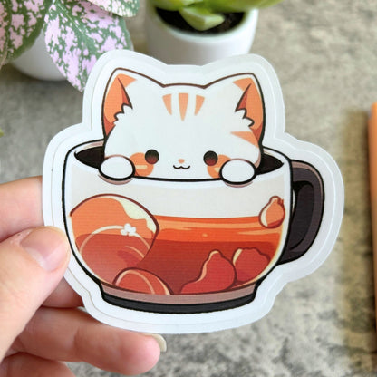 Tea Cup Cat Sticker, 3" and 2"