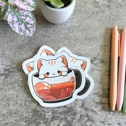 Tea Cup Cat Sticker, 3" and 2"