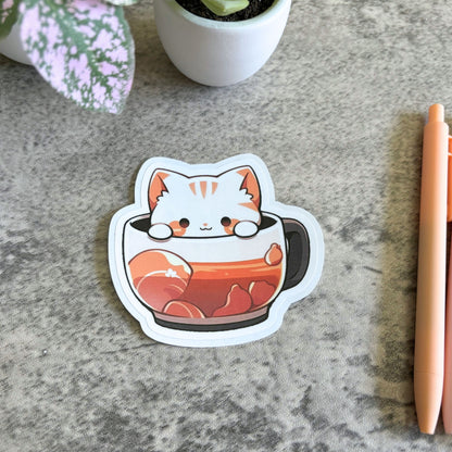 Tea Cup Cat Sticker, 3" and 2"