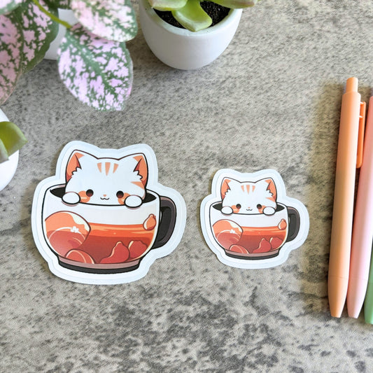 Tea Cup Cat Sticker, 3" and 2"