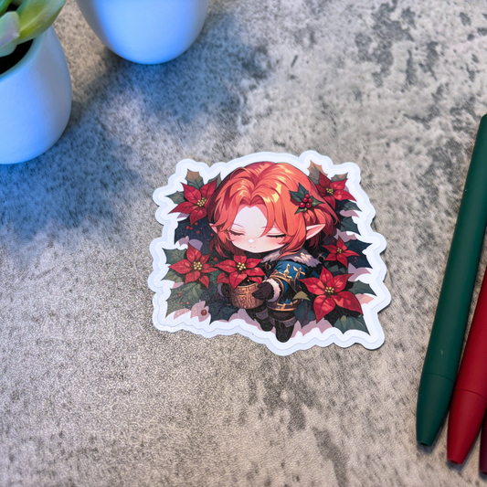 Holiday Elf with Poinsettias Sticker, Blonde Hair