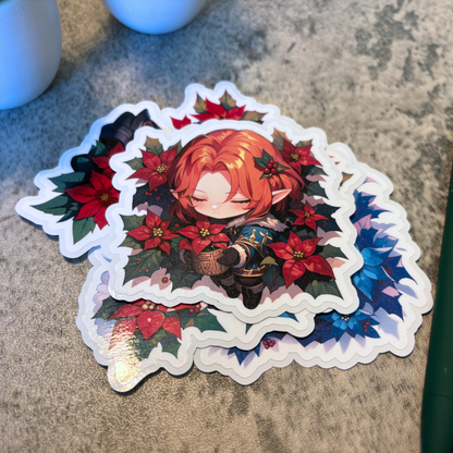 Holiday Elf with Poinsettias Sticker, Blonde Hair