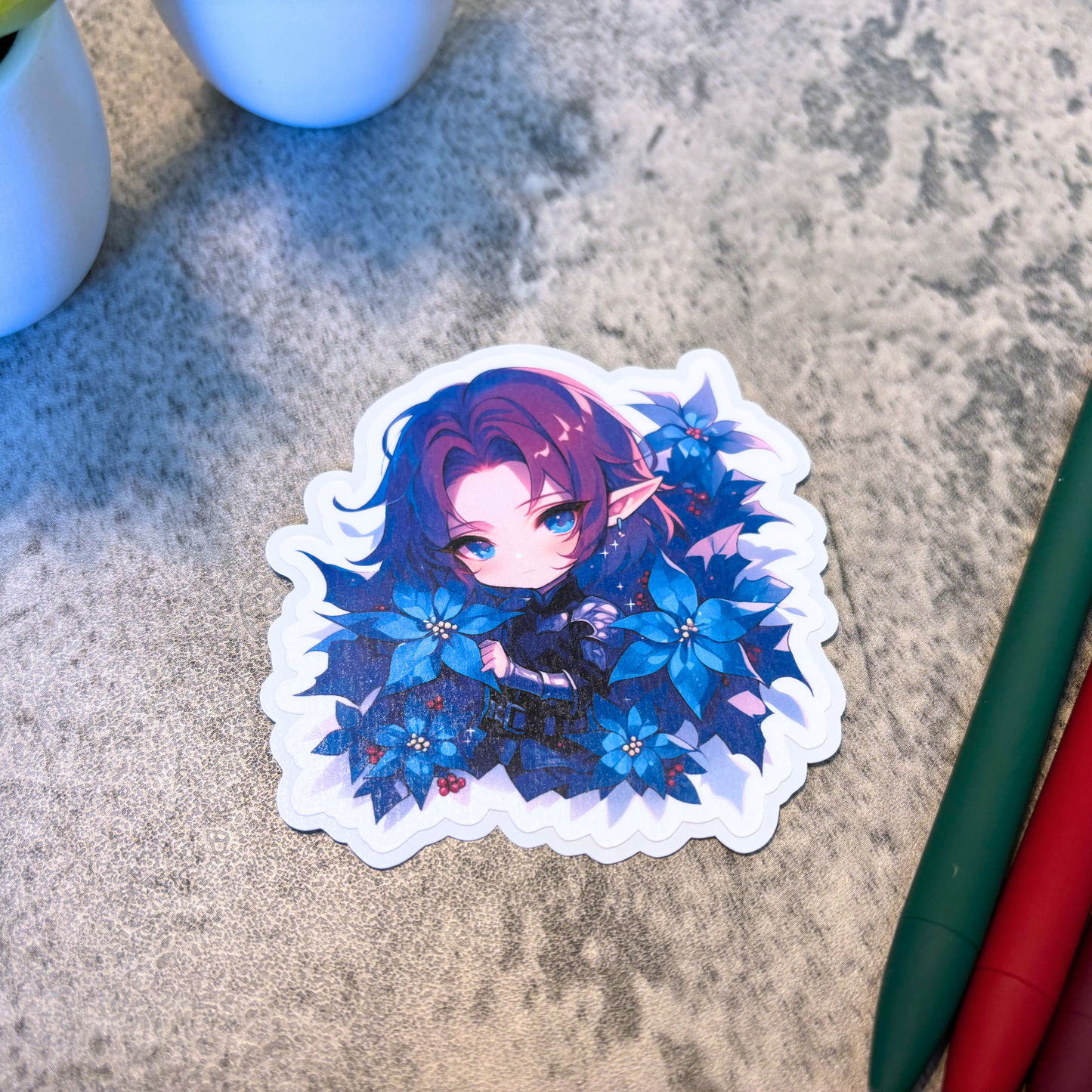 Holiday Elf with Poinsettias Sticker, Purple Hair