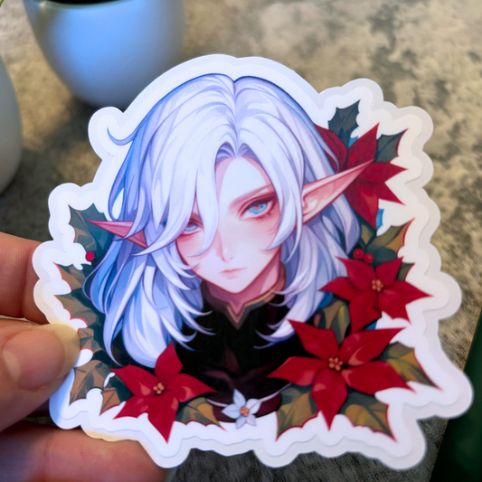 Holiday Elf with Poinsettias Sticker, White Hair