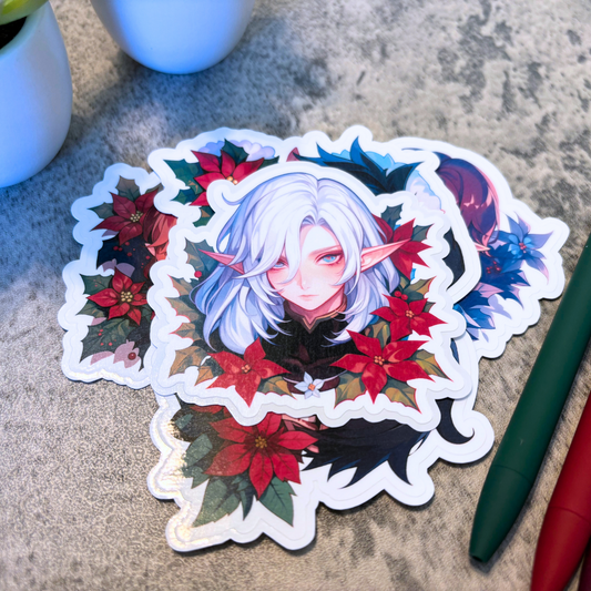 Holiday Elf with Poinsettias Sticker, White Hair