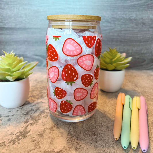 Cute Strawberry Pattern Glass Iced Coffee Cup