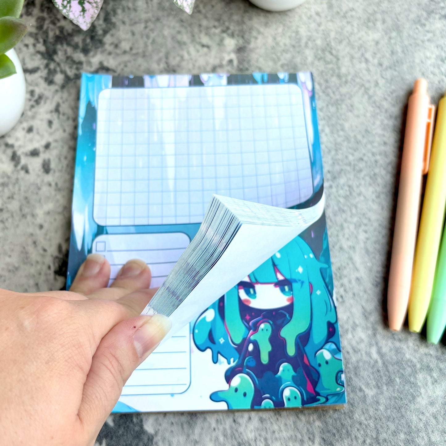 Kawaii Slime Girl Notepad, Green and Teal