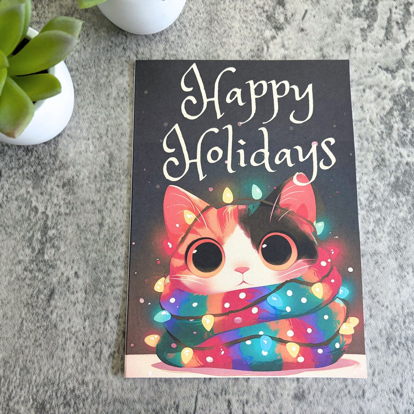 Cute Christmas Holiday Card with Vibrant, Cozy Cat