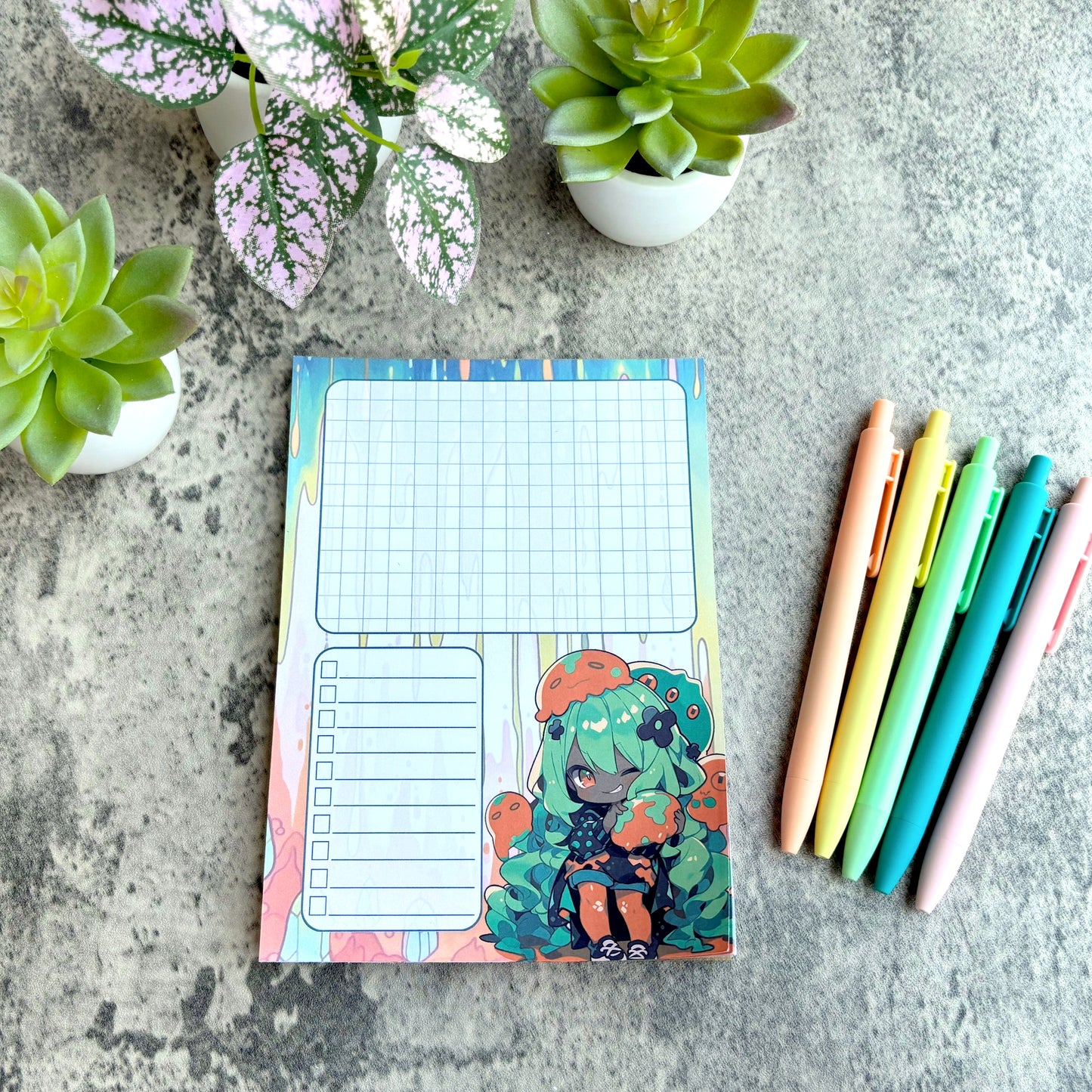 Kawaii Slime Girl Notepad, Orange and Green