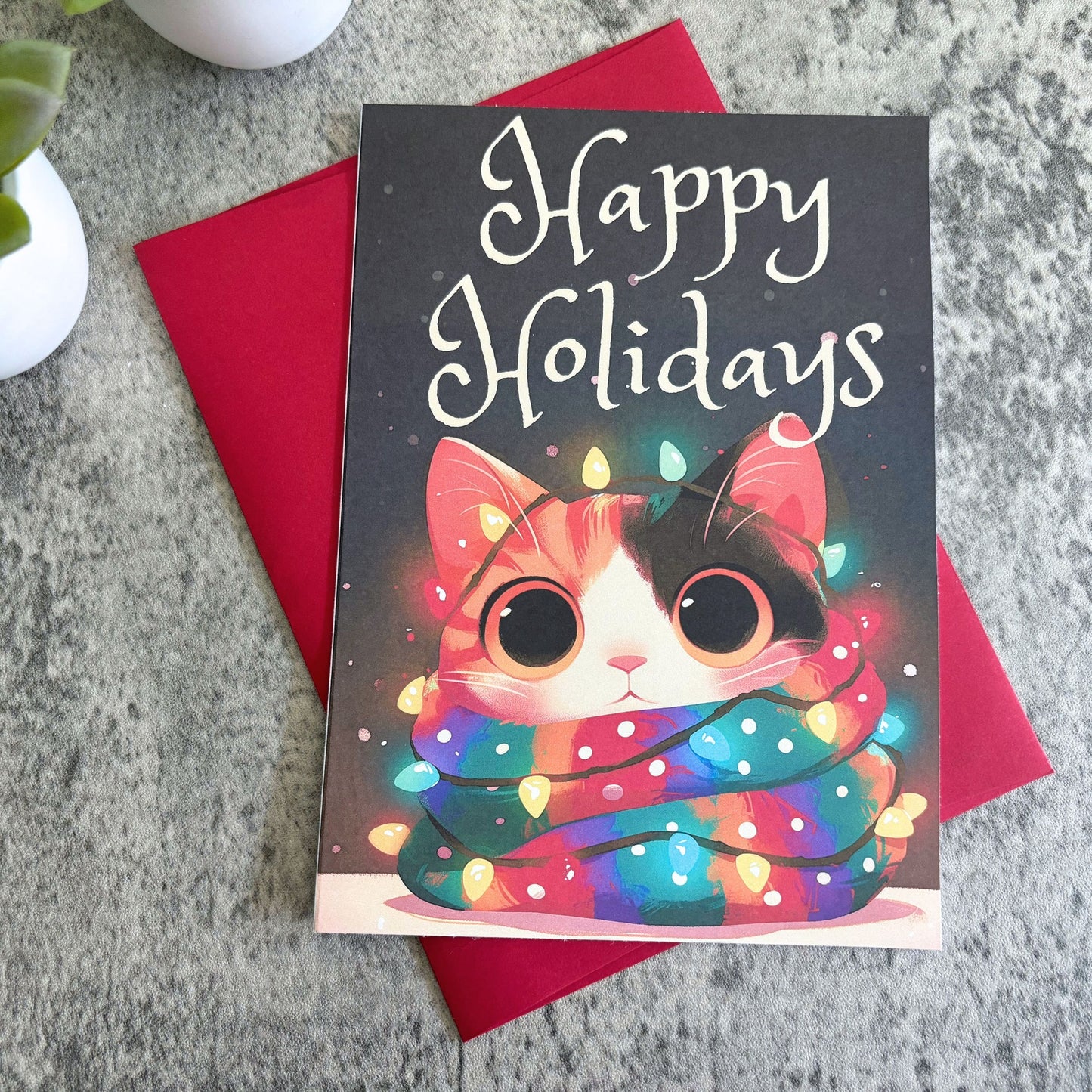 Cute Christmas Holiday Card with Vibrant, Cozy Cat