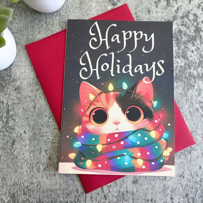 Cute Christmas Holiday Card with Vibrant, Cozy Cat