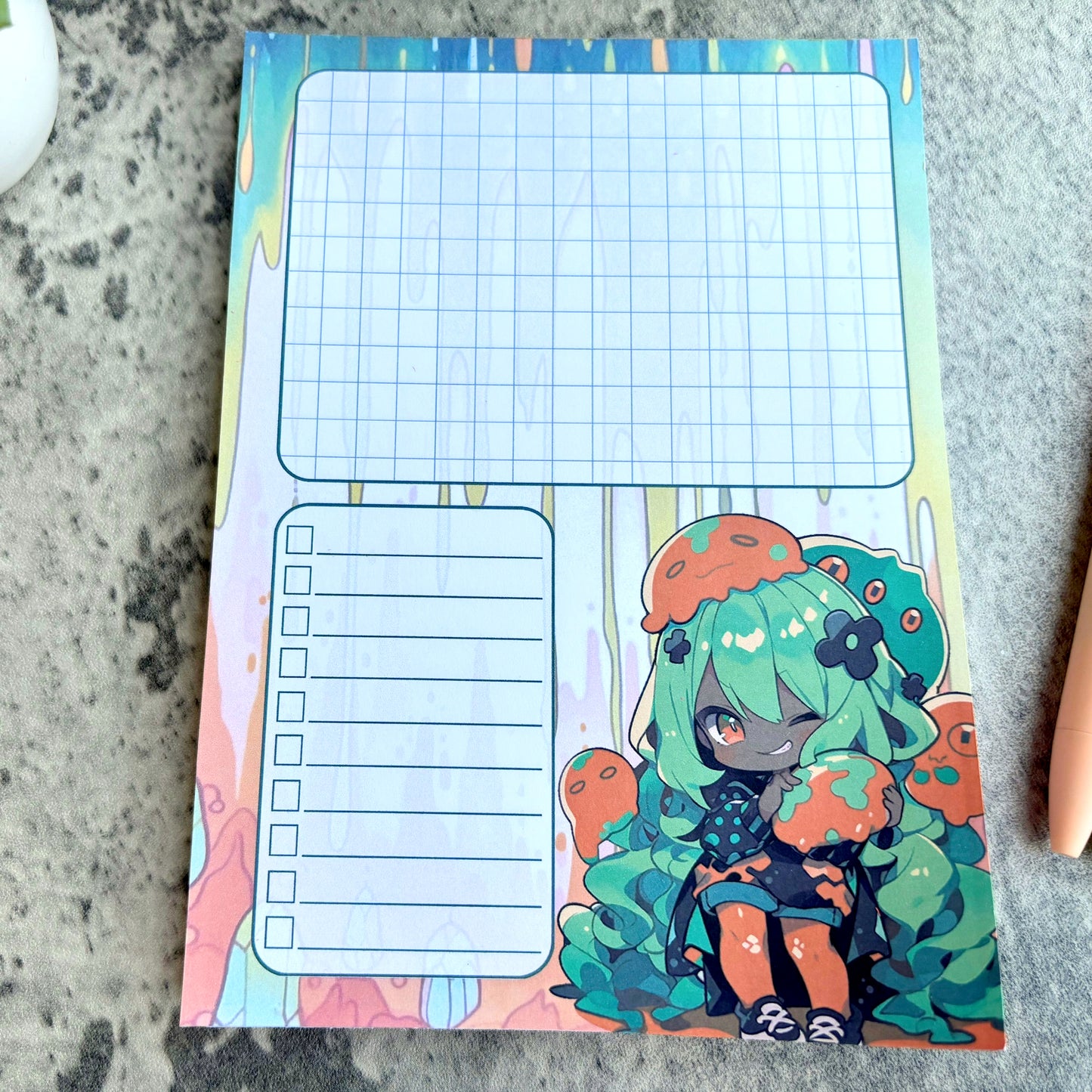 Kawaii Slime Girl Notepad, Orange and Green