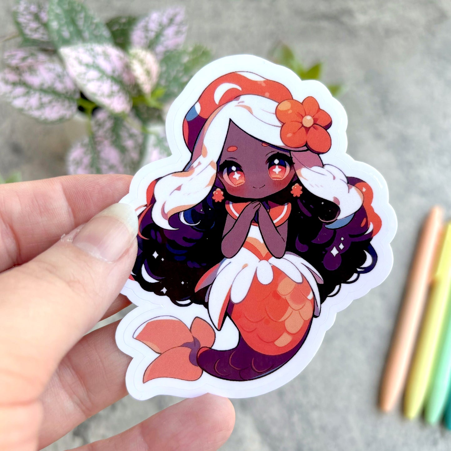 Summer Mermaid Sticker, Brown and Orange