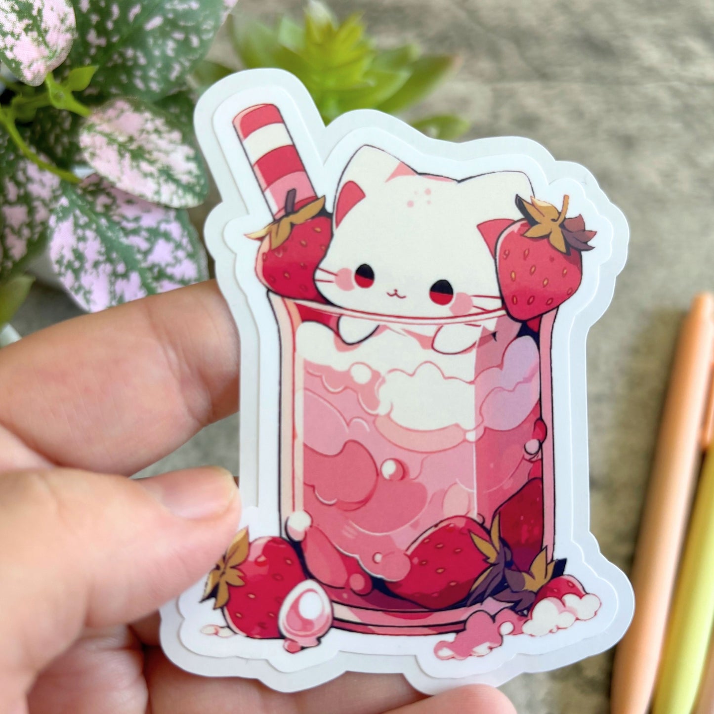 Strawberry Milkshake Cafe Cat Sticker, 3" or 2"