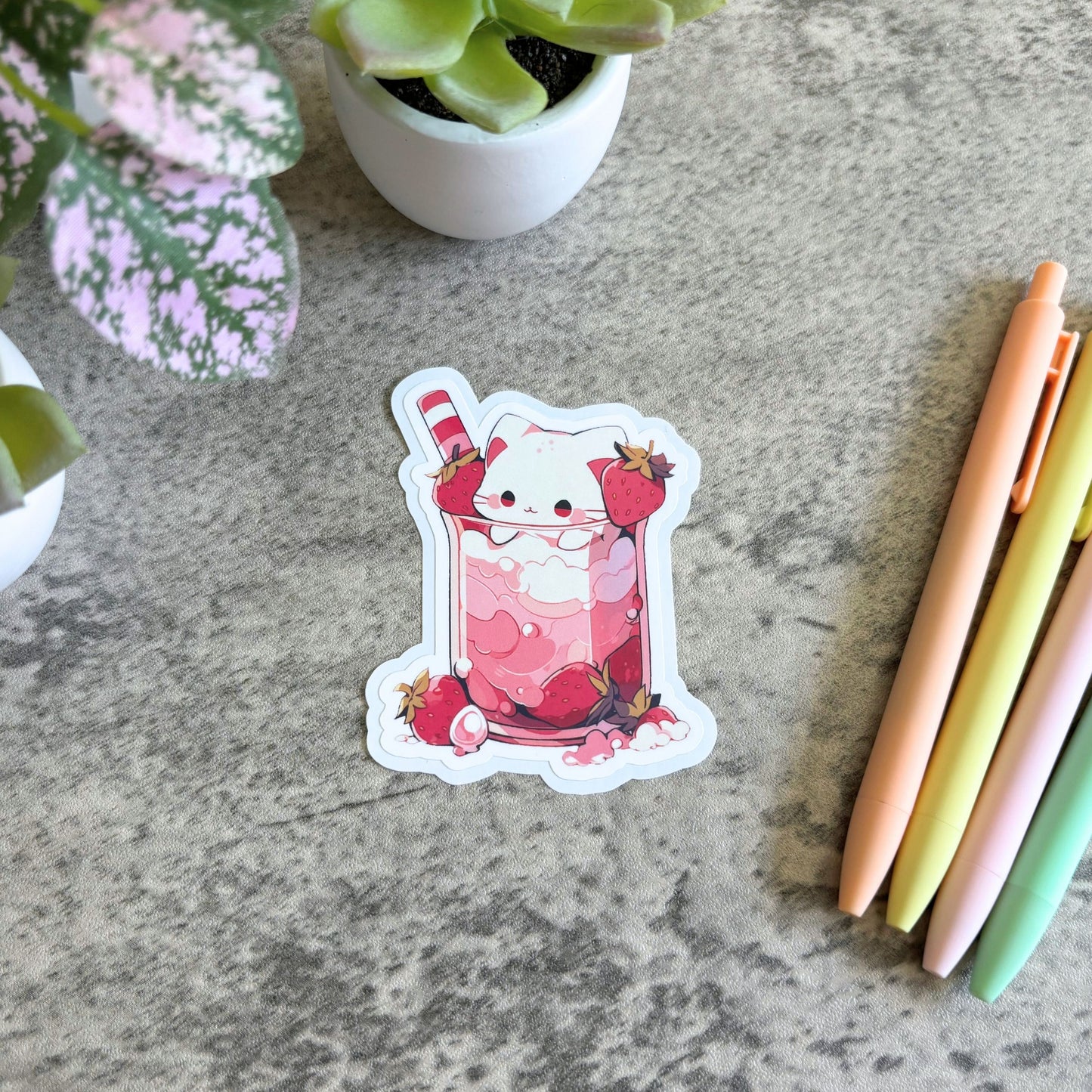 Strawberry Milkshake Cafe Cat Sticker, 3" or 2"